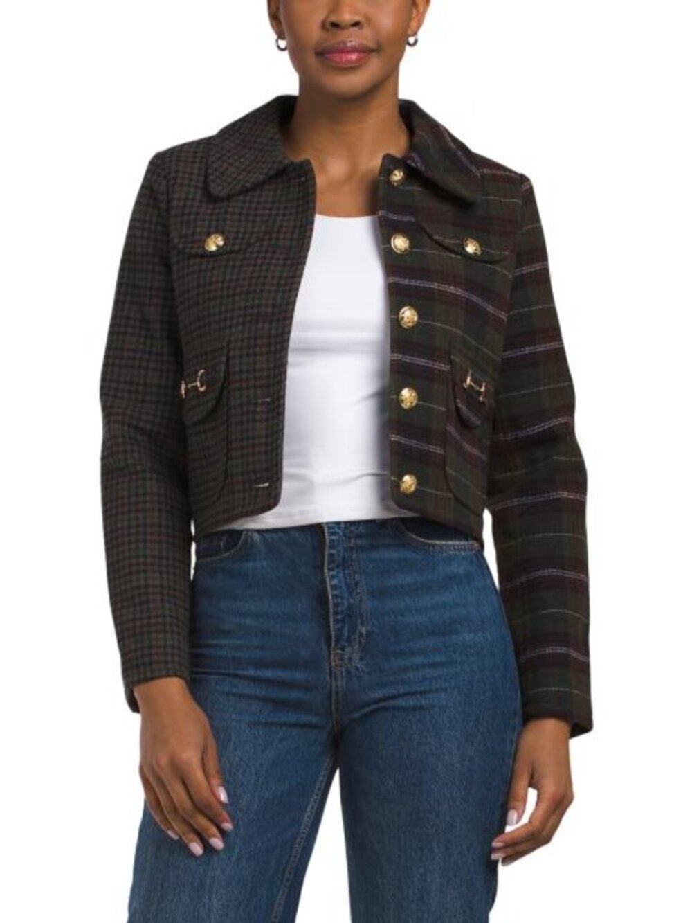AVEC LES FILLES Mixed Plaid Four Pocket Cropped Jacket